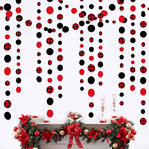 46Ft Buffalo Plaid Polka Dot Garlands Black Red Checkered Paper Circle Dot Streamer Banner for Baby Shower Bridal Shower Birthday Bachelorette Christmas Holiday Halloween Party Decorations Supplies