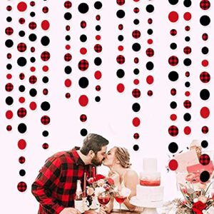 46Ft Buffalo Plaid Polka Dot Garlands Black Red Checkered Paper Circle Dot Streamer Banner for Baby Shower Bridal Shower Birthday Bachelorette Christmas Holiday Halloween Party Decorations Supplies