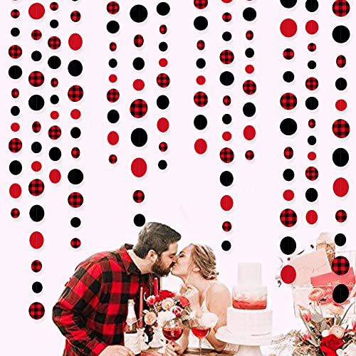 46Ft Buffalo Plaid Polka Dot Garlands Black Red Checkered Paper Circle Dot Streamer Banner for Baby Shower Bridal Shower Birthday Bachelorette Christmas Holiday Halloween Party Decorations Supplies