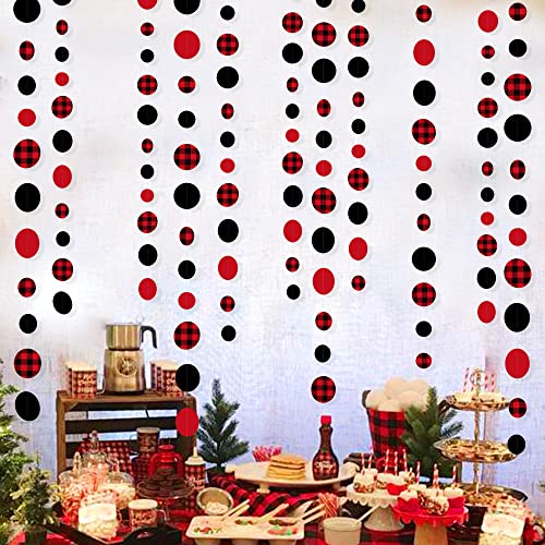 46Ft Buffalo Plaid Polka Dot Garlands Black Red Checkered Paper Circle Dot Streamer Banner for Baby Shower Bridal Shower Birthday Bachelorette Christmas Holiday Halloween Party Decorations Supplies