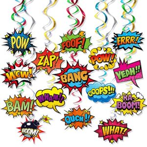superhero hanging swirls 30 pack hero action sign foil ceiling hanging swirls streams banner decorations garland for kids cartoon superhero baby shower celebrating events birthday party supplies room wall decor