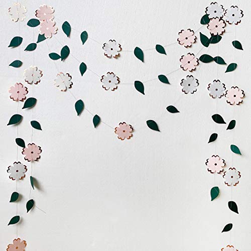 42Ft White Pink Paper Flower Garland Hanging Green Leaf Rose Gold Foil Flower Streamer Banner for Bachelorette Engagement Wedding Birthday Bridal Shower Anniversary Spring Summer Tea Party Decorations