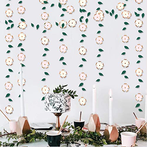 42Ft White Pink Paper Flower Garland Hanging Green Leaf Rose Gold Foil Flower Streamer Banner for Bachelorette Engagement Wedding Birthday Bridal Shower Anniversary Spring Summer Tea Party Decorations