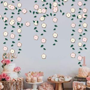 42Ft White Pink Paper Flower Garland Hanging Green Leaf Rose Gold Foil Flower Streamer Banner for Bachelorette Engagement Wedding Birthday Bridal Shower Anniversary Spring Summer Tea Party Decorations