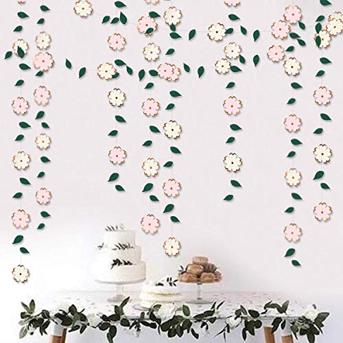 42Ft White Pink Paper Flower Garland Hanging Green Leaf Rose Gold Foil Flower Streamer Banner for Bachelorette Engagement Wedding Birthday Bridal Shower Anniversary Spring Summer Tea Party Decorations