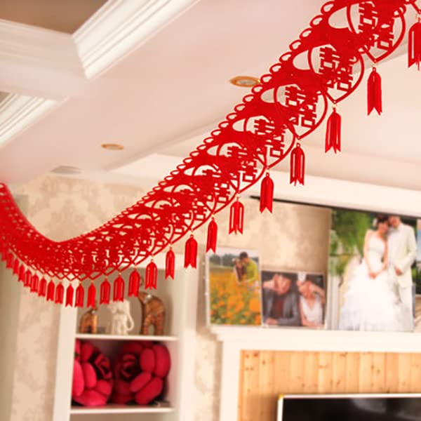 2 Pcs Chinese Traditional Wedding Decoration Supplies Red Hi Word Pull Flowers Hanging Ornament, Felt 3 Meters Pull Hi Wedding Festive Wedding Room Decoration Essential Supplies