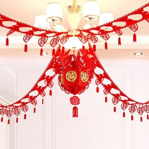 2 Pcs Chinese Traditional Wedding Decoration Supplies Red Hi Word Pull Flowers Hanging Ornament, Felt 3 Meters Pull Hi Wedding Festive Wedding Room Decoration Essential Supplies