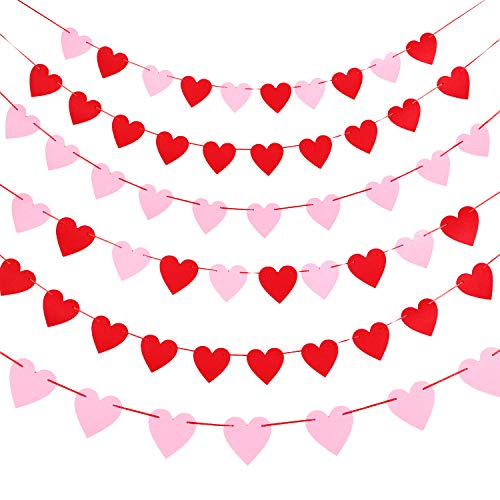 6 Sets Felt Heart Garland Banner, 60 Feet Red Pink Heart Garland Valentine's Day Banner Decor for Valentine's Day, Anniversary, Wedding, Birthday Party Decorations