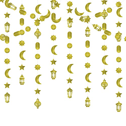 JKQ 4 Strings Gold Ramadan Mubarak Hanging Decorations Moon Star Lantern Muslim Ramadan Kareem Streamer Garlands Islamic Eid Mubarak Festival Celebration Wedding Birthday Party Ceiling Decorations