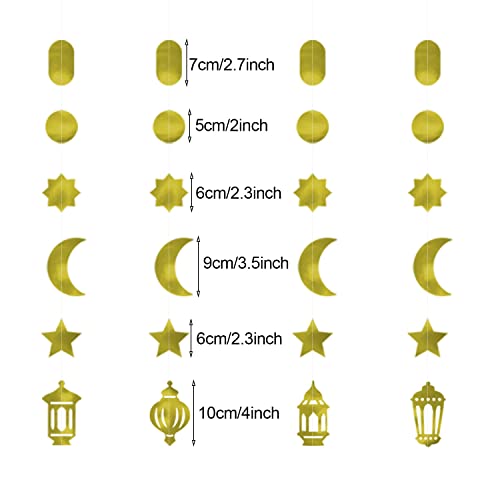 JKQ 4 Strings Gold Ramadan Mubarak Hanging Decorations Moon Star Lantern Muslim Ramadan Kareem Streamer Garlands Islamic Eid Mubarak Festival Celebration Wedding Birthday Party Ceiling Decorations