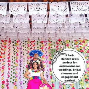 5 Pk Mexican Plastic Banners, 75 ft Long White Mexican Wedding Garlands, Perfect for Rehearsals, Bridal Shower, Photo Booth Backdrop, Engagement Party, Wedding Backdrop Banner B41