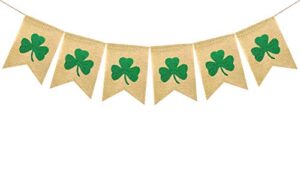 fakteen st. patrick’s day glitter shamrock clover burlap banner – green and light green color irish party supplies home hanging garland decor