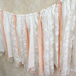 White Lace Flower and Pink White Ribbon Shabby Chic Garland Rag Tie Banner Bunting Wedding Party Garland Background