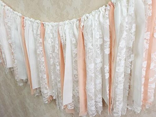 White Lace Flower and Pink White Ribbon Shabby Chic Garland Rag Tie Banner Bunting Wedding Party Garland Background