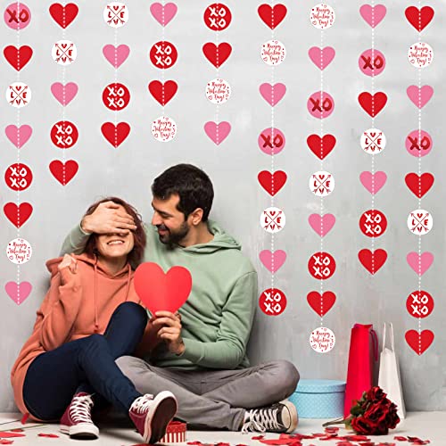 Zwiebeco 30Ft Red Pink Hearts Circle Dot Garland Paper Heart Love XOXO Bunting Banner Hanging Streamer for Engagement Wedding Hen Party Home Romantic Decorations