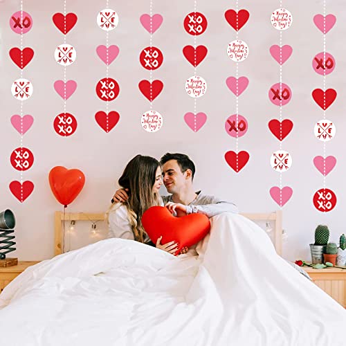 Zwiebeco 30Ft Red Pink Hearts Circle Dot Garland Paper Heart Love XOXO Bunting Banner Hanging Streamer for Engagement Wedding Hen Party Home Romantic Decorations