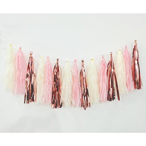 Andiker 15Pcs Tissue Paper Tassels, Shiny Tassel Garlands Banner Table Decor for Birthday Wedding Baby Bridal Shower Party Decorations (Pink)