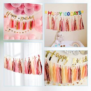 Andiker 15Pcs Tissue Paper Tassels, Shiny Tassel Garlands Banner Table Decor for Birthday Wedding Baby Bridal Shower Party Decorations (Pink)