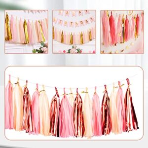 Andiker 15Pcs Tissue Paper Tassels, Shiny Tassel Garlands Banner Table Decor for Birthday Wedding Baby Bridal Shower Party Decorations (Pink)