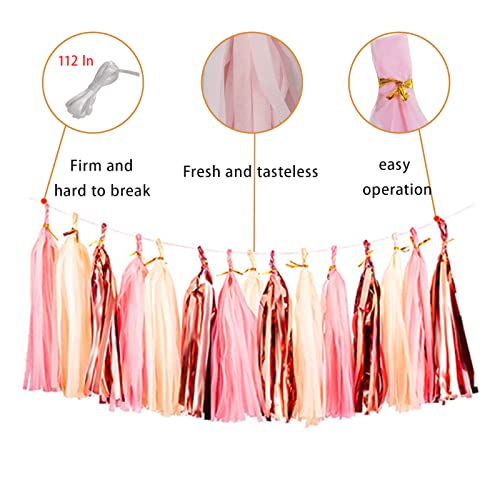 Andiker 15Pcs Tissue Paper Tassels, Shiny Tassel Garlands Banner Table Decor for Birthday Wedding Baby Bridal Shower Party Decorations (Pink)