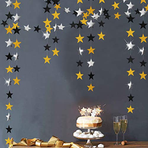 Glitter Gold Black Star Garland kit for Party Decoration Silver Hanging Twinkle Star String/Banner/Streamers/Backdrop/Background for Classroom/Birthday/Wedding/Graduation/New Year/Dance Recital