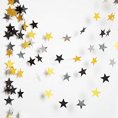 Glitter Gold Black Star Garland kit for Party Decoration Silver Hanging Twinkle Star String/Banner/Streamers/Backdrop/Background for Classroom/Birthday/Wedding/Graduation/New Year/Dance Recital