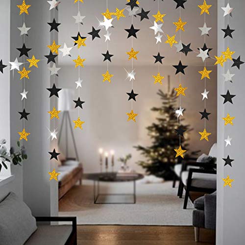 Glitter Gold Black Star Garland kit for Party Decoration Silver Hanging Twinkle Star String/Banner/Streamers/Backdrop/Background for Classroom/Birthday/Wedding/Graduation/New Year/Dance Recital