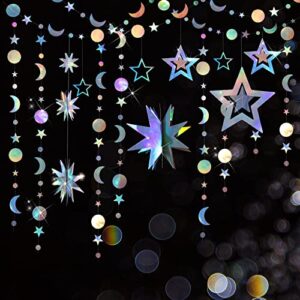 7 pcs iridescent moon star garland streamer, bling bling 3d twinkle little stars hanging decor backdrop for baby shower birthday graduation eid mubarak party decoration