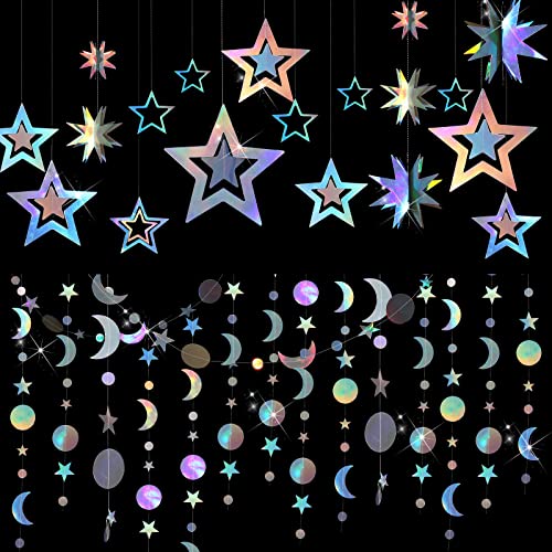 7 Pcs Iridescent Moon Star Garland Streamer, Bling Bling 3D Twinkle Little Stars Hanging Decor Backdrop for Baby Shower Birthday Graduation Eid Mubarak Party Decoration