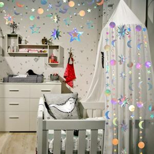 7 Pcs Iridescent Moon Star Garland Streamer, Bling Bling 3D Twinkle Little Stars Hanging Decor Backdrop for Baby Shower Birthday Graduation Eid Mubarak Party Decoration