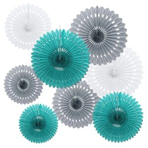 8PCS Teal Grey White Hanging Paper Turquoise Aqua Party Fan Rosettes Circle Garland for Mermaid Birthday Under The Sea Party Girl Baby Shower Teal Wedding Bridal Shower Decoration