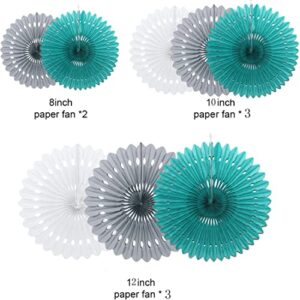 8PCS Teal Grey White Hanging Paper Turquoise Aqua Party Fan Rosettes Circle Garland for Mermaid Birthday Under The Sea Party Girl Baby Shower Teal Wedding Bridal Shower Decoration