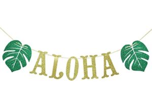 hawaiian aloha banner decorations with palm leaves garland for hawaiian tropical luau beach summer party supplies decor favors bunting photo booth props sign (gold & green glittery)