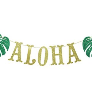 Hawaiian Aloha Banner Decorations with Palm Leaves Garland for Hawaiian Tropical Luau Beach Summer Party Supplies Decor Favors Bunting Photo Booth Props Sign (Gold & Green Glittery)