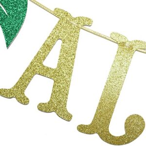 Hawaiian Aloha Banner Decorations with Palm Leaves Garland for Hawaiian Tropical Luau Beach Summer Party Supplies Decor Favors Bunting Photo Booth Props Sign (Gold & Green Glittery)