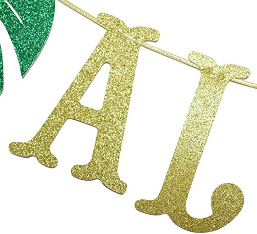 Hawaiian Aloha Banner Decorations with Palm Leaves Garland for Hawaiian Tropical Luau Beach Summer Party Supplies Decor Favors Bunting Photo Booth Props Sign (Gold & Green Glittery)