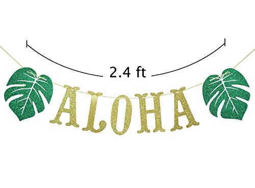 Hawaiian Aloha Banner Decorations with Palm Leaves Garland for Hawaiian Tropical Luau Beach Summer Party Supplies Decor Favors Bunting Photo Booth Props Sign (Gold & Green Glittery)