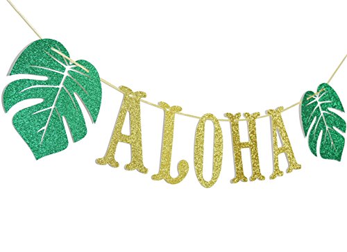 Hawaiian Aloha Banner Decorations with Palm Leaves Garland for Hawaiian Tropical Luau Beach Summer Party Supplies Decor Favors Bunting Photo Booth Props Sign (Gold & Green Glittery)