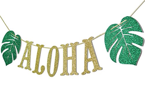 Hawaiian Aloha Banner Decorations with Palm Leaves Garland for Hawaiian Tropical Luau Beach Summer Party Supplies Decor Favors Bunting Photo Booth Props Sign (Gold & Green Glittery)