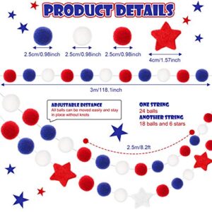 2 Pack Patriotic Felt Ball Garland Red White and Blue Pom Pom and Star Banner Garland for 4th of July Labor Day American Independence Day Home Outdoor Photo Prop Decorations