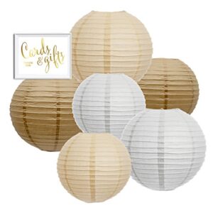 andaz press hanging paper lantern party decor trio kit with free party sign, kraft brown, white, ivory, 6-pack, for burlap colored rustic bridal shower outdoor wedding decorations