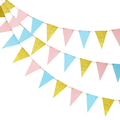 45 Pieces Gender Reveal Banner Garland Glitter Pink Blue Gold Triangle Pennant Flag Mint Coral Banner for Gender Reveal Party Baby Shower Wedding Birthday Party Decoration