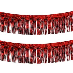 blukey 10 feet by 15 inch red foil fringe garland – pack of 2 | shiny metallic tinsel banner | ideal for parade floats, bridal shower, bachelorette, wedding, birthday, christmas | wall hanging drapes