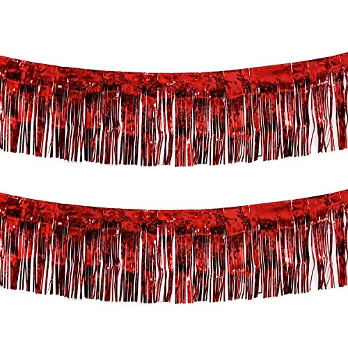 Blukey 10 Feet by 15 Inch Red Foil Fringe Garland - Pack of 2 | Shiny Metallic Tinsel Banner | Ideal for Parade Floats, Bridal Shower, Bachelorette, Wedding, Birthday, Christmas | Wall Hanging Drapes