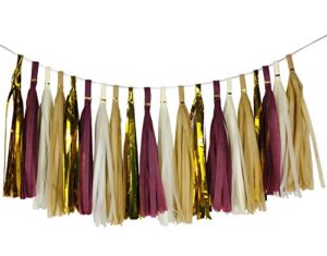 4-pack burgundy gold beige tan brown diy tissue tassel garland party streamers bunting banner for floral crafts baby shower wedding birthday bridal shower party backdrop balloon tails tassel decor
