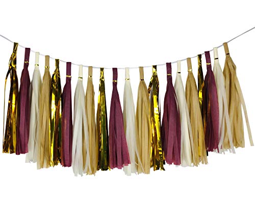 4-Pack Burgundy Gold Beige Tan Brown DIY Tissue Tassel Garland Party Streamers Bunting Banner for Floral Crafts Baby Shower Wedding Birthday Bridal Shower Party Backdrop Balloon Tails Tassel Decor