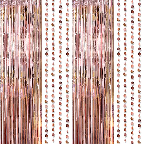 Rose Gold Party Decoration Foil Tinsel Fringe Curtain backdrop with Hanging Circle Garland for Birthday Party Wedding Engagement Background Bridal Baby Shower Birthday Sweet 16 Party Supplies