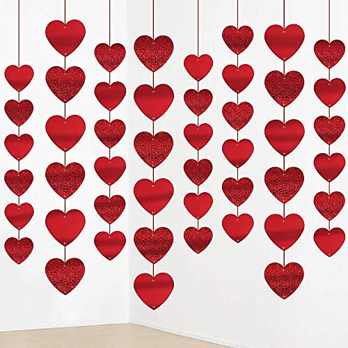 72 Pieces Red Glitter Heart Garland-Heart Garland Decorations-Mothers Day Red Heart Hanging String Garland-Valentines Day Decorations-Happy Mothers Day Party Decorations Supplies