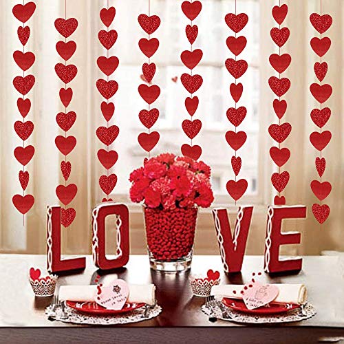 72 Pieces Red Glitter Heart Garland-Heart Garland Decorations-Mothers Day Red Heart Hanging String Garland-Valentines Day Decorations-Happy Mothers Day Party Decorations Supplies