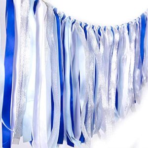 Fabric ribbon garlands with Tassel Garland already assembled ribbon hanging decoration for Baby shower, Weddings,Birthday,Anniversary, Graduation Party decoration Supplies Blue Light Blue White Silver